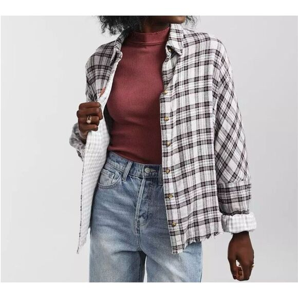 Gilded Intent Women’s L Frayed Flannel Shirt Plaid black, gray, burgundy NWT - Picture 1 of 13
